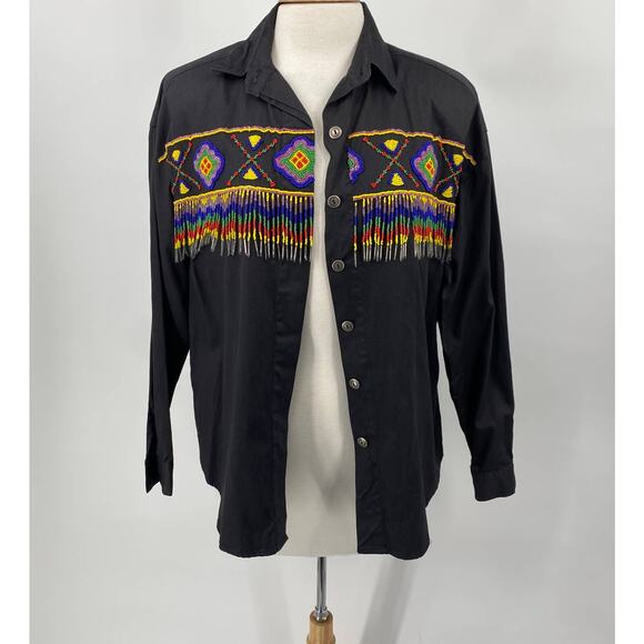 Vintage Western Shirt Cotton Button Down Front Beaded Fringe Black Womens Medium - Picture 7 of 11